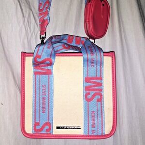 STEVE MADDEN BWEBBER STRAW‎ SATCHEL CROSSBODY BAG WALLET KEYRING Blue Pink